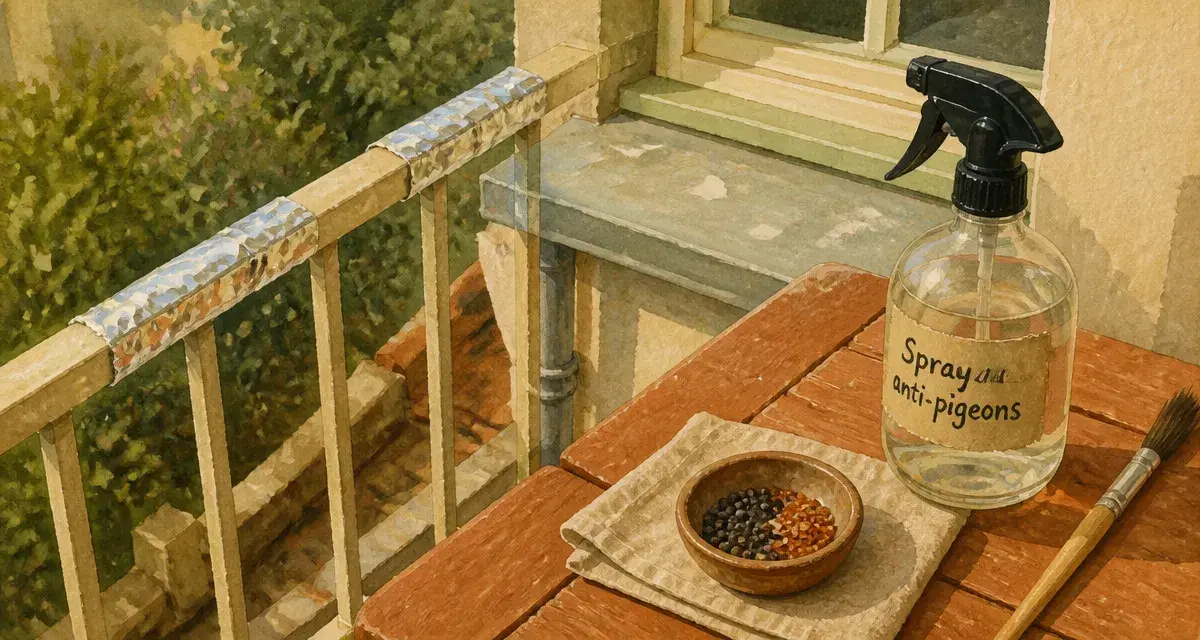 Recette de grand mere pour faire fuir les pigeons : spray au vinaigre, épices et huiles essentielles sur balcon