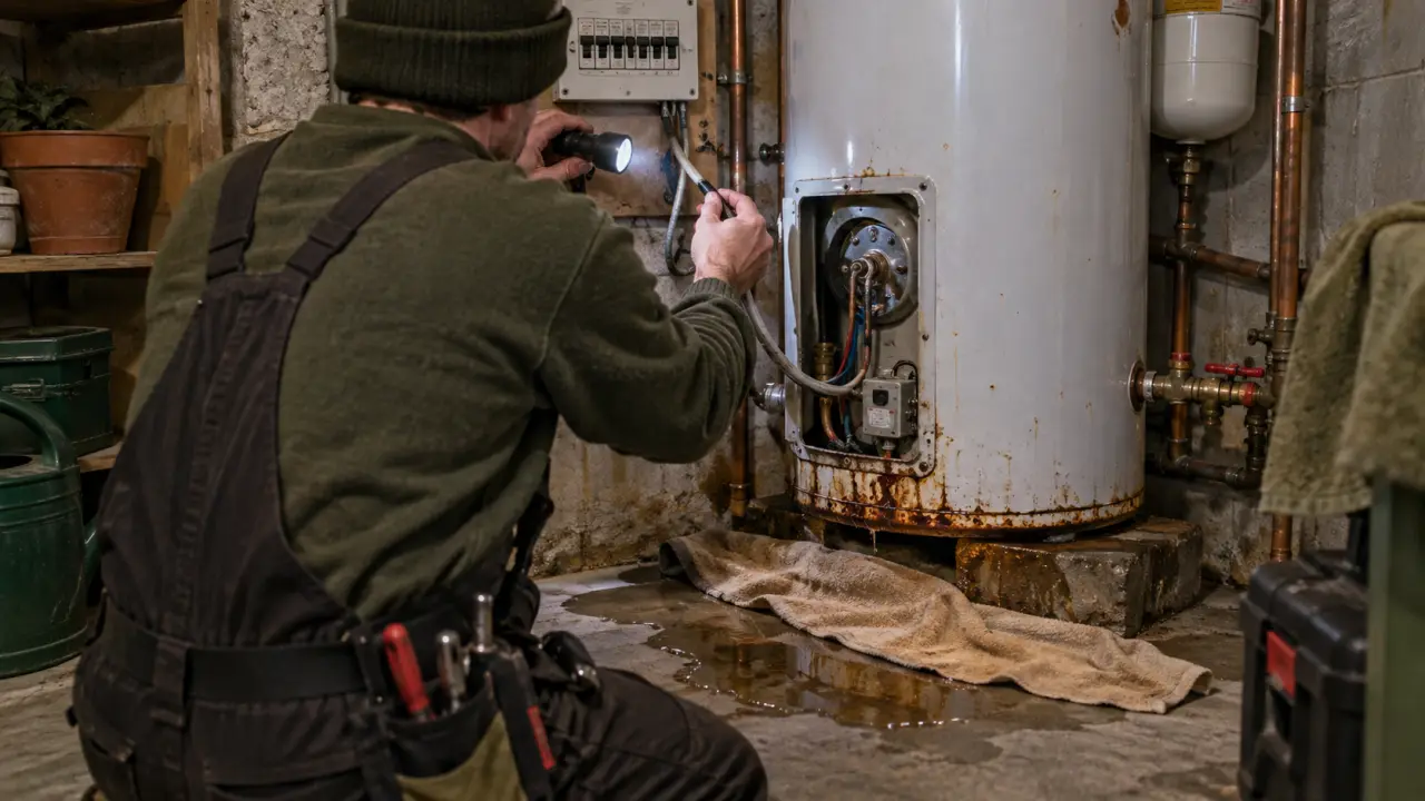 Chauffe eau panne, plombier inspecte le chauffe-eau