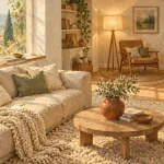 Déco scandinave cocooning : salon beige cocooning, tissus lin et bois clair