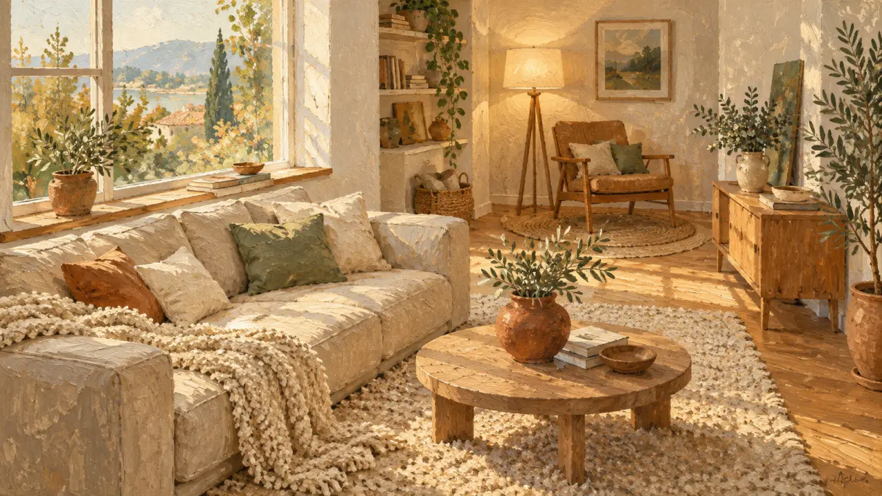 Déco scandinave cocooning : salon beige cocooning, tissus lin et bois clair