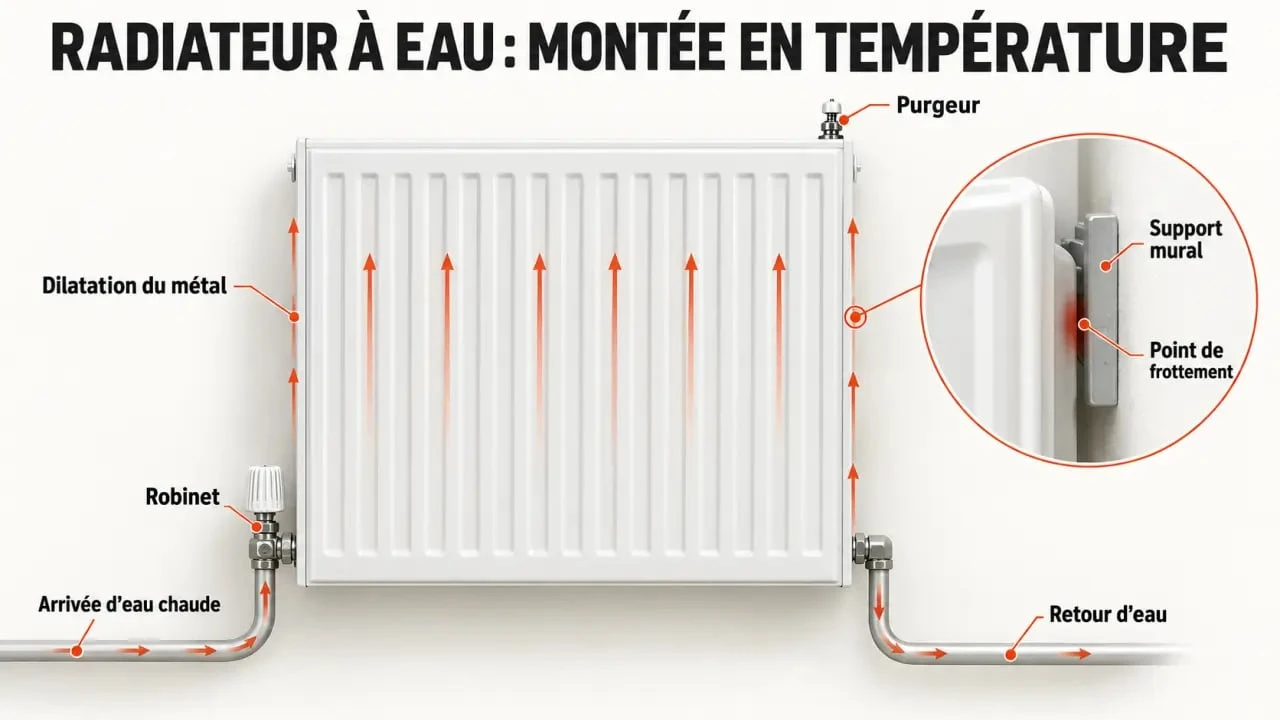 Schéma expliquant pourquoi un radiateur bruit clac clac lors de la dilatation des tuyaux