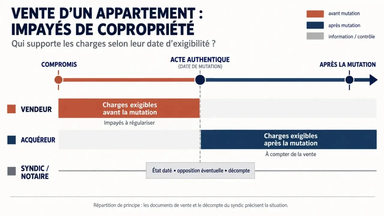 Infographie sur la vente appartement impayés copropriété et la répartition des charges entre vendeur et acquéreur