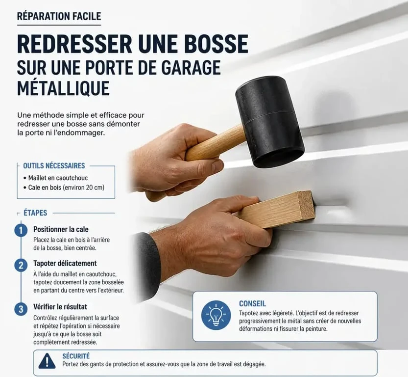 Technique de réparation d'une porte de garage enfoncée avec un maillet