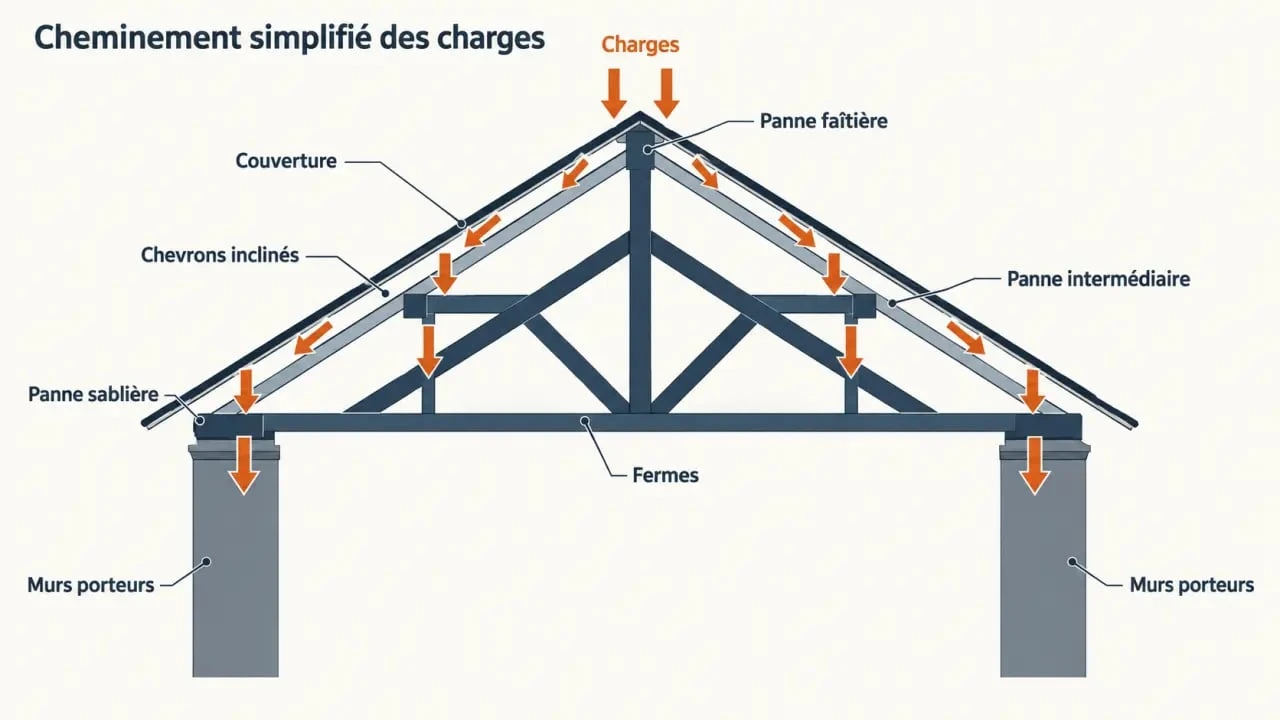 Schéma simplifié d'une panne de charpente et de son rôle entre les chevrons et les appuis