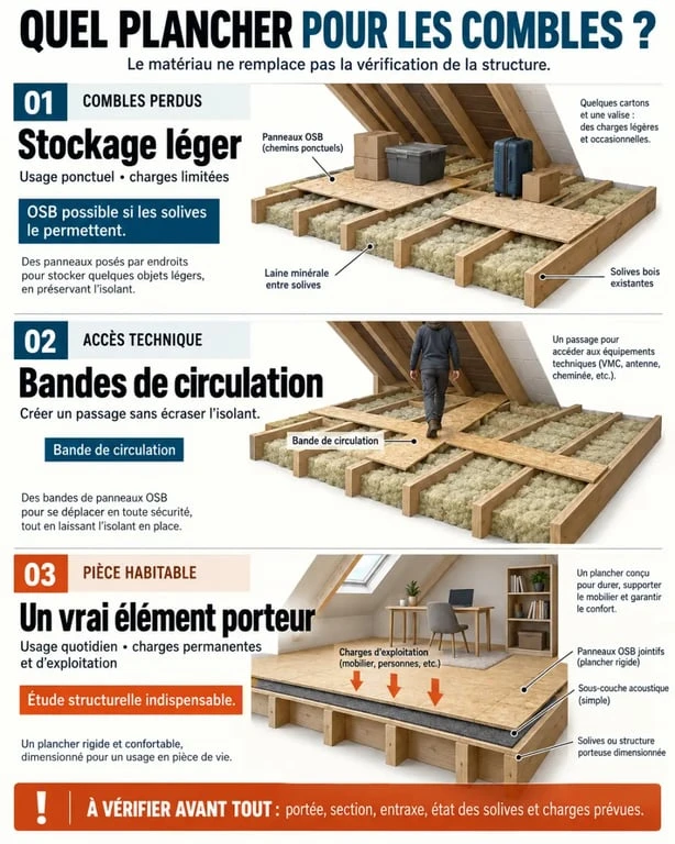 Infographie sur le plancher pour comble selon l’usage, du stockage léger à la pièce habitable