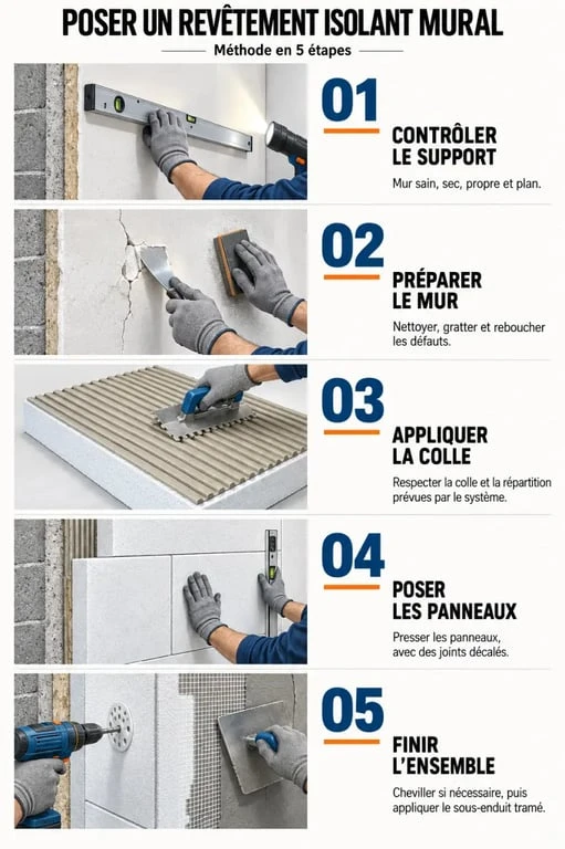 Étapes de pose d'un revêtement isolant mural sur un mur intérieur