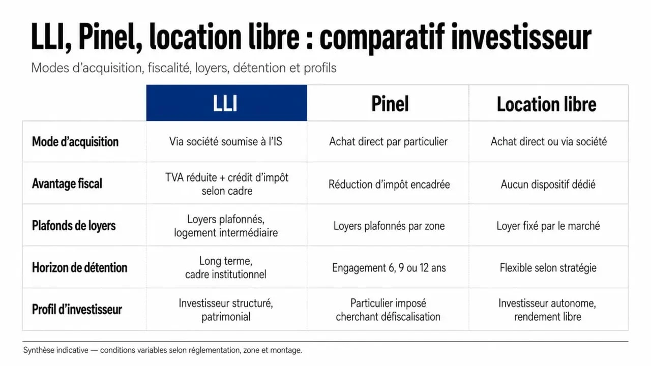Dispositifs fiscaux LLI achat immobilier : comparaison visuelle avec Pinel et location libre