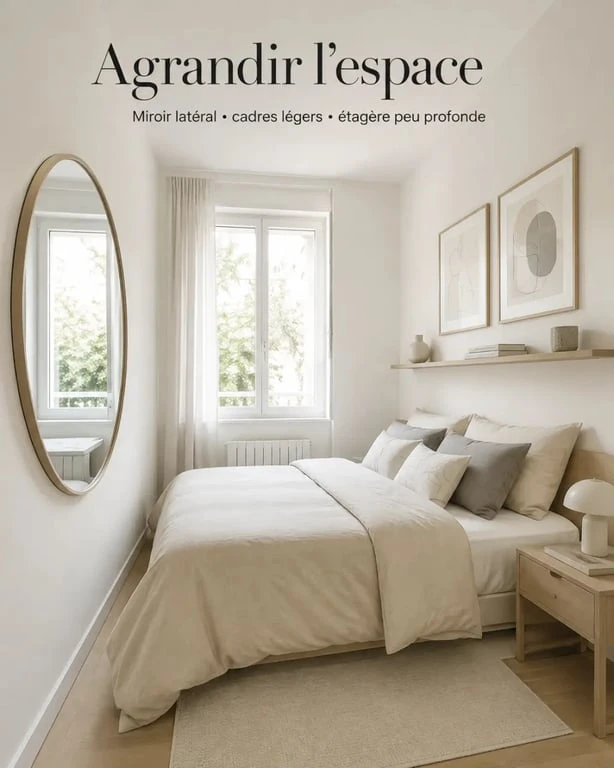 Idées déco murs chambre : petite chambre avec miroir, couleurs claires et étagère murale