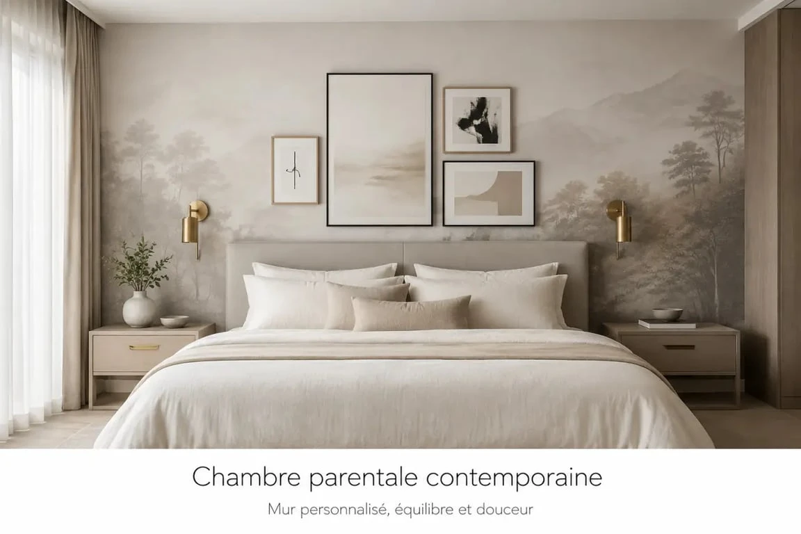 Idées déco murs chambre : chambre parentale avec cadres et papier peint panoramique