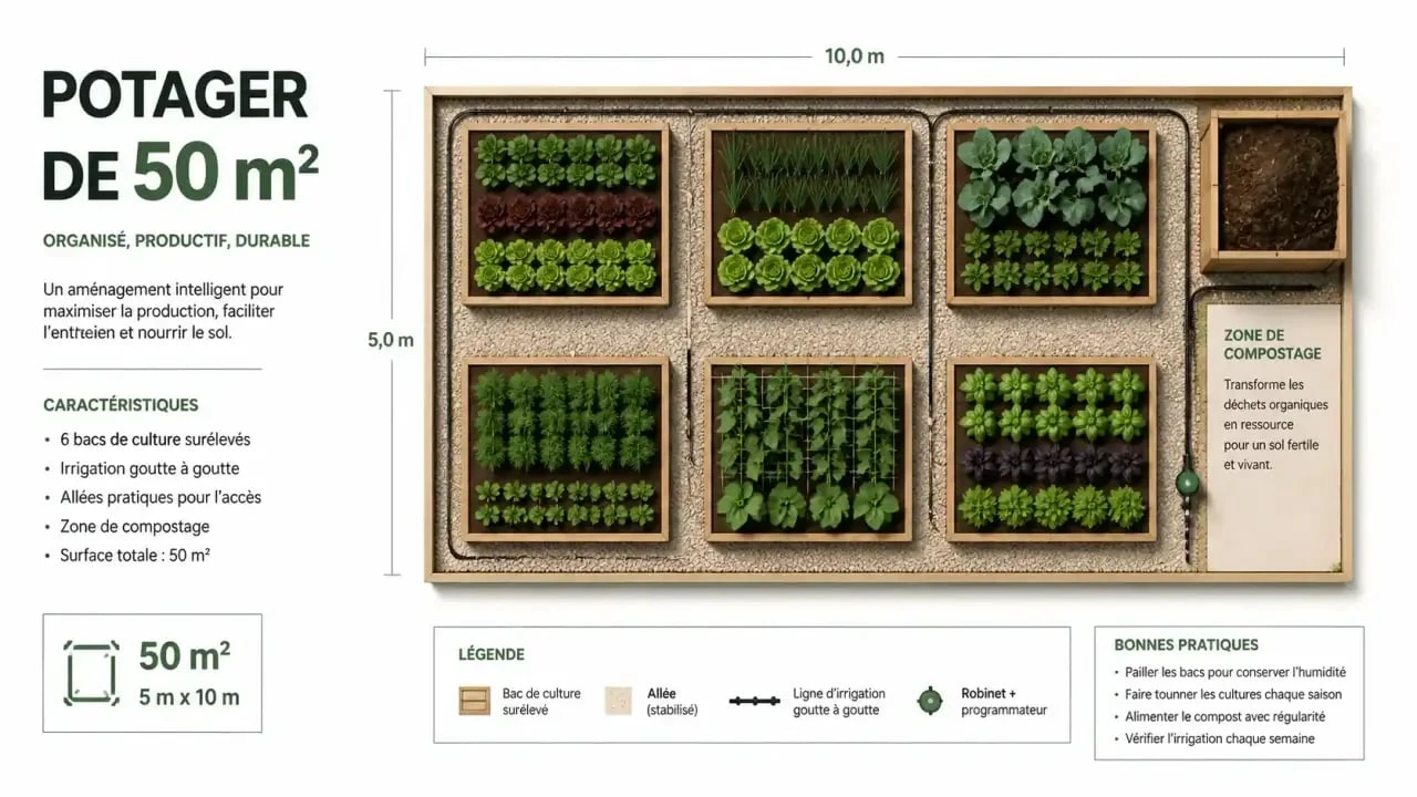 Aménagement type d'une parcelle de jardin potager de 50m2 pour débutant