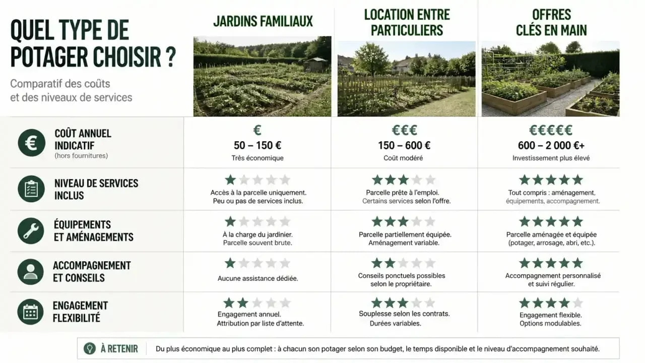 Comparatif des types de location de parcelle jardin potager selon le budget et les services