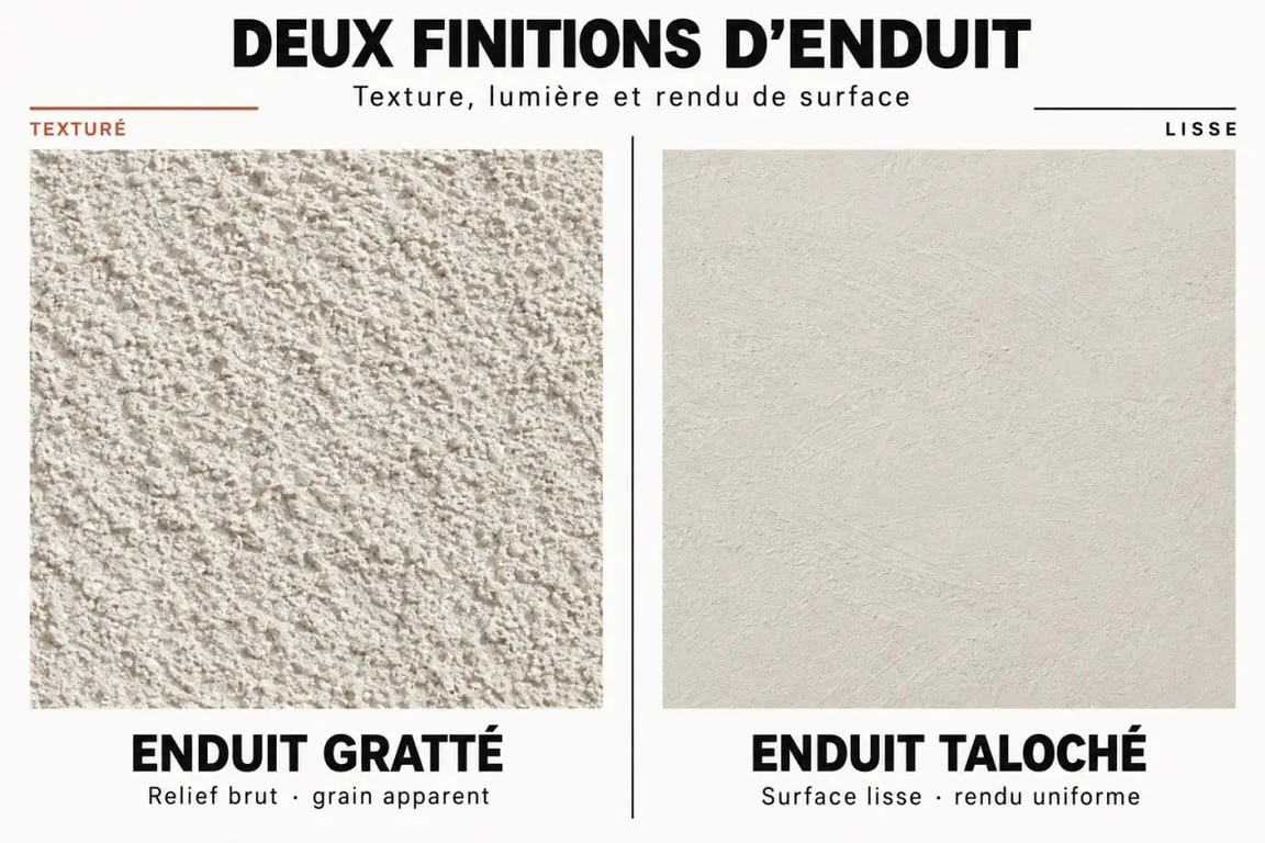 Comparaison visuelle entre un enduit gratté et un enduit taloché pour façade