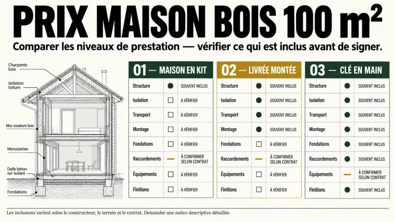 Prix maison bois 100m2 : comparaison des prestations entre kit, maison montée et clé en main
