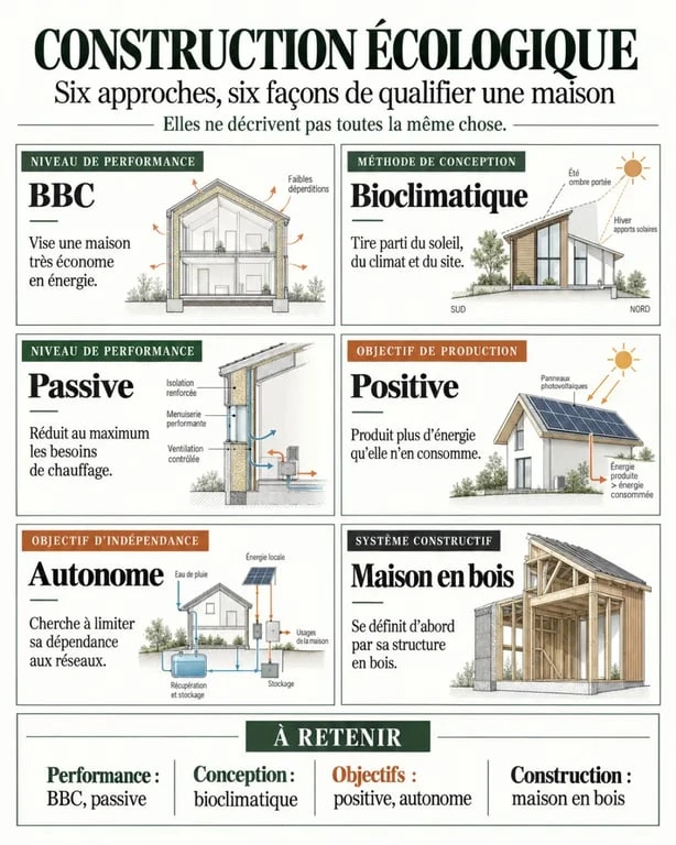 Infographie comparative des types de construction écologique maison : BBC, bioclimatique, passive, positive, autonome et bois