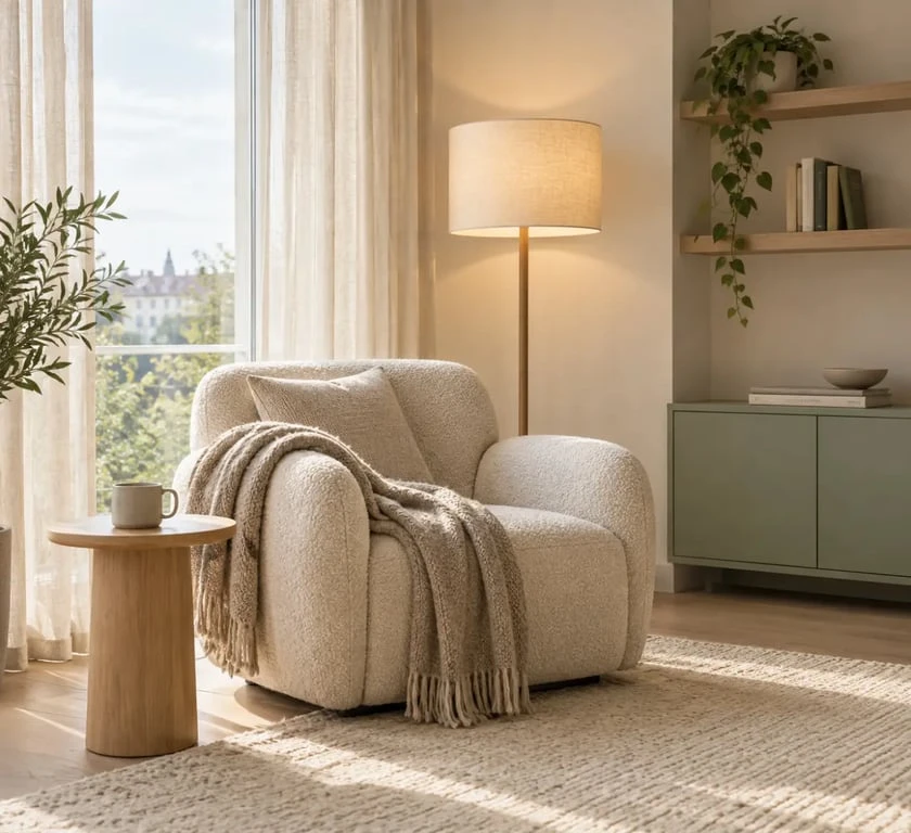 Coin lecture intégré à une décoration scandinave cocooning avec fauteuil et éclairage doux