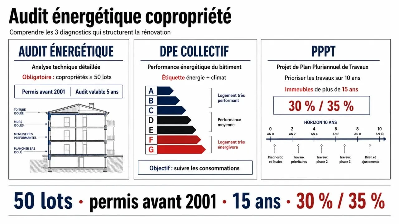 Audit énergétique copropriété : visuel comparatif entre audit énergétique, DPE collectif et PPPT avec seuils réglementaires