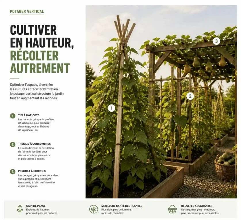 Potager vertical avec légumes grimpant sur tuteurs, treillis et pergola