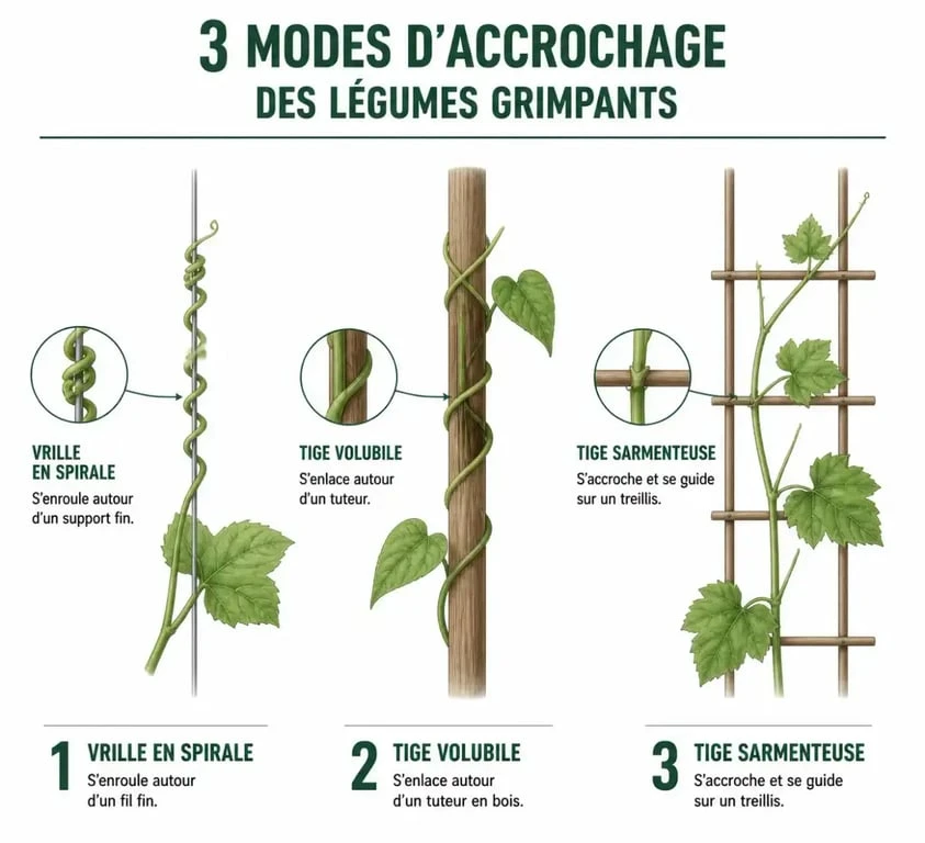 Schéma des modes d'accrochage des légumes grimpants au potager : vrilles, tiges volubiles et sarmenteuses