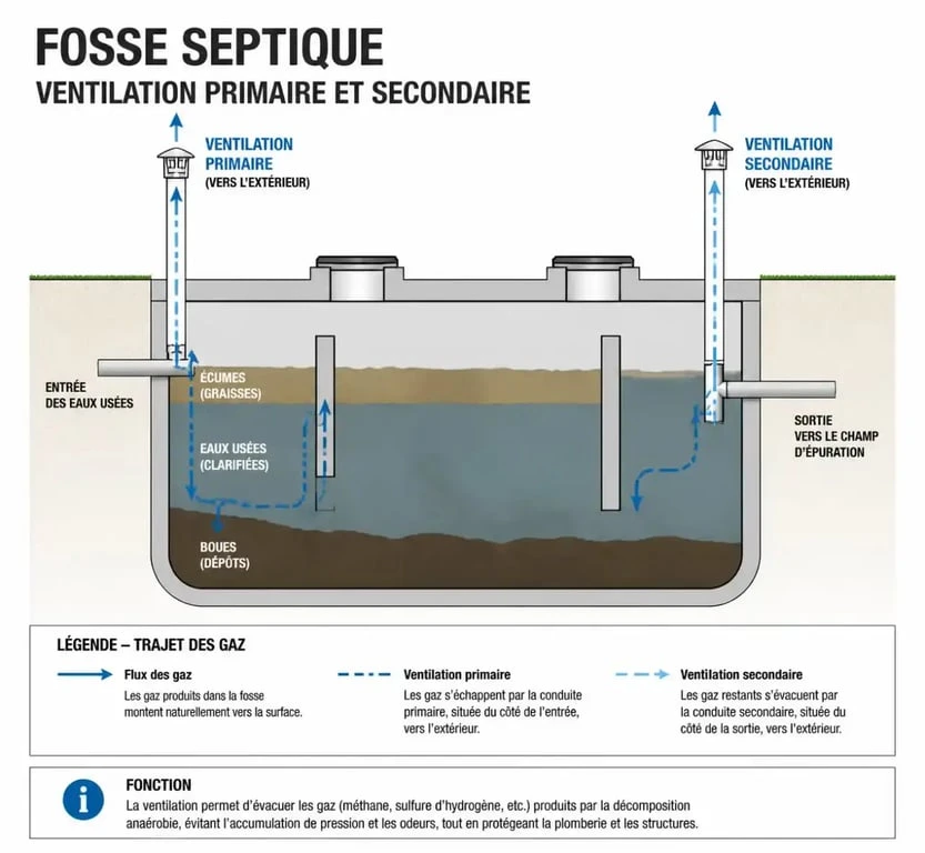 Schéma de fonctionnement de la ventilation d'une fosse septique avec ventilation primaire et secondaire