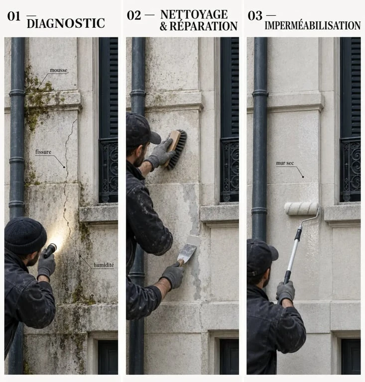 Étapes d’application d’un imperméabilisant façade après nettoyage et réparation du mur