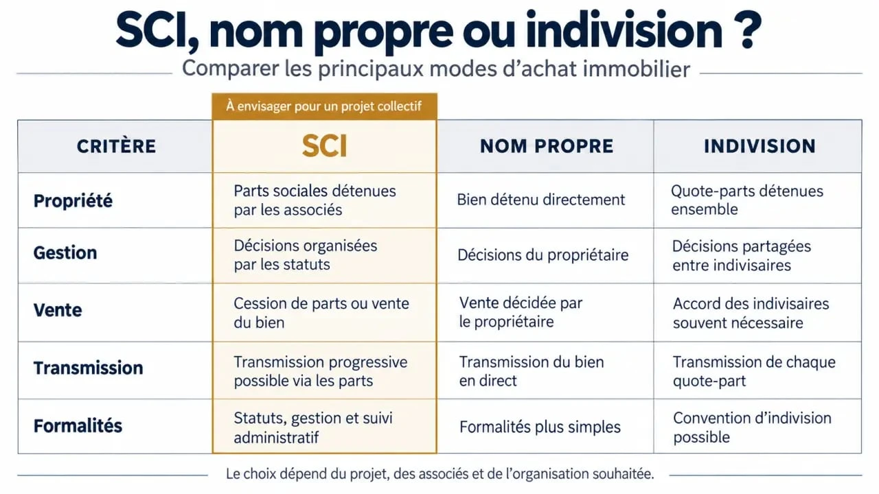 Infographie comparative sur l’achat immobilier par SCI, en nom propre ou en indivision