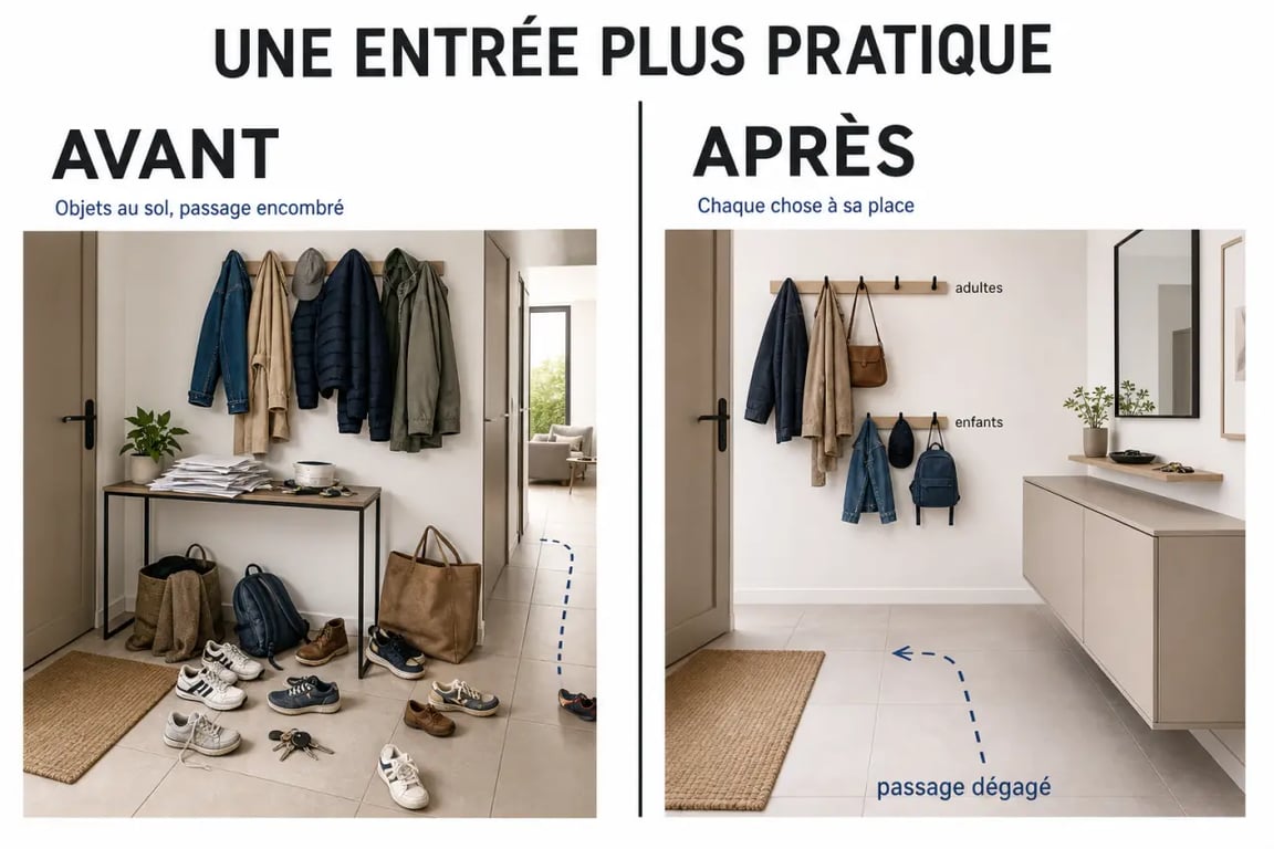 10 idées déco et organisation pour une maison plus pratique au quotidien : entrée avant/après avec rangement fonctionnel