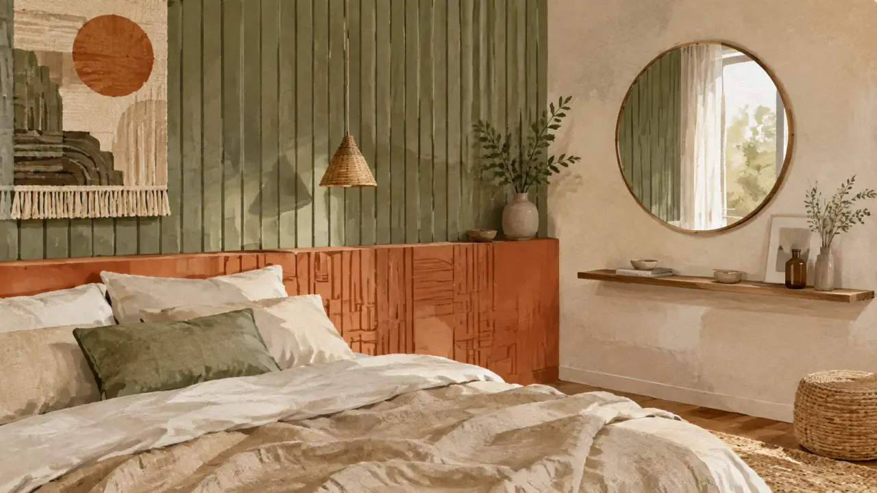 Idées déco murs chambre : tasseaux vert olive derrière le lit