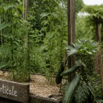 Legumes grimpant potager : haricots et pois sur treillis, culture verticale