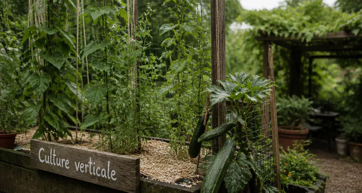 Legumes grimpant potager : haricots et pois sur treillis, culture verticale