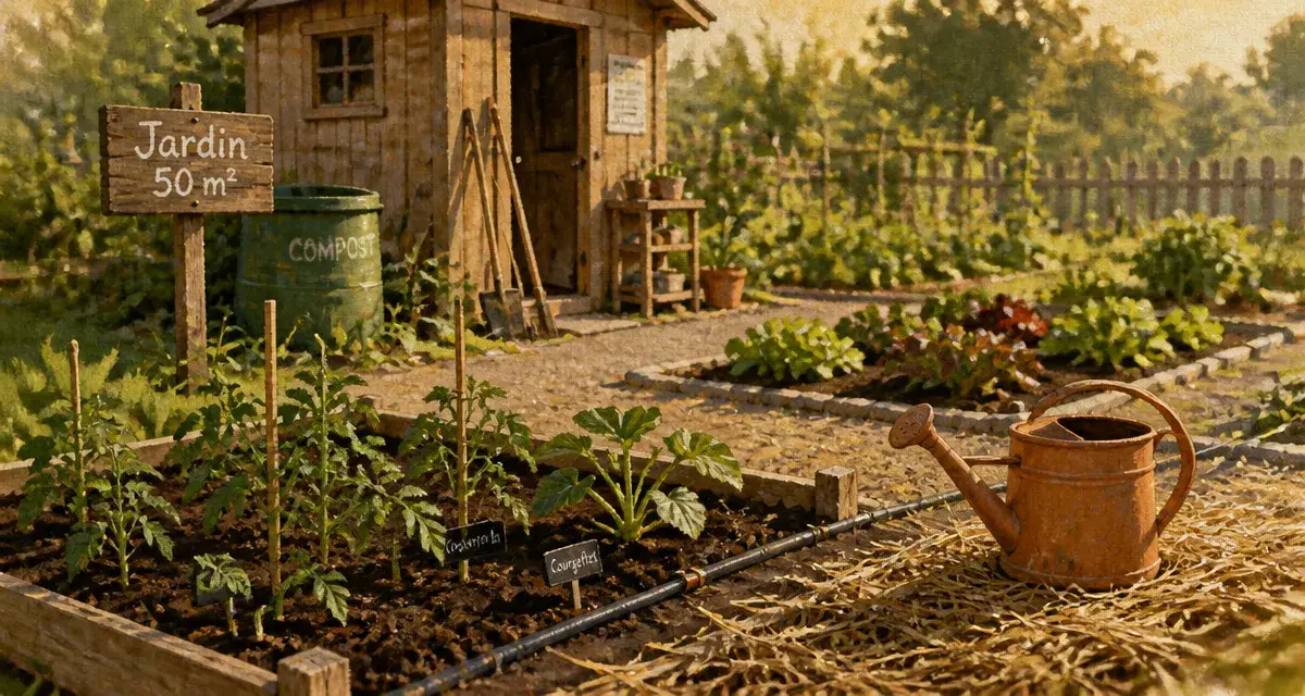 Location parcelle jardin potager : semis et tuyau goutte-à-goutte dans le potager