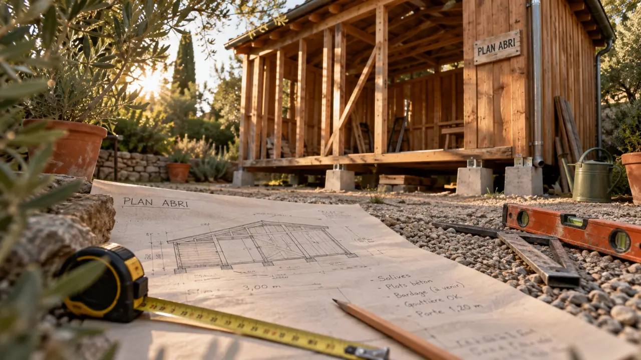 Construire abri de jardin : plan et niveau sur fondations stables anti-humidité