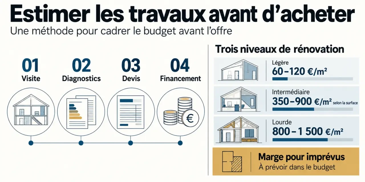 Infographie sur l’estimation travaux maison avant achat et les fourchettes de budget par niveau de rénovation