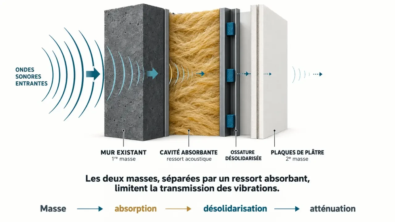 Schéma du principe masse-ressort-masse pour l’insonorisation d’un mur