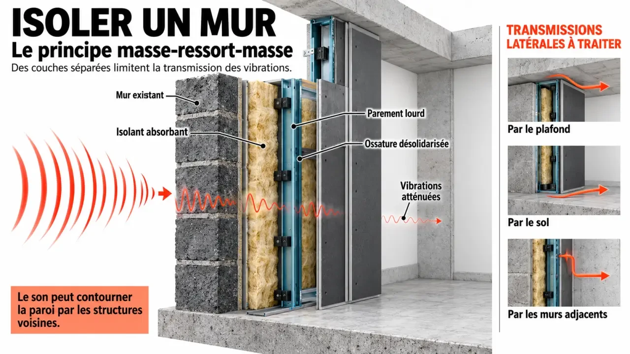 Schéma pour isoler acoustiquement un mur avec un doublage désolidarisé et un isolant absorbant