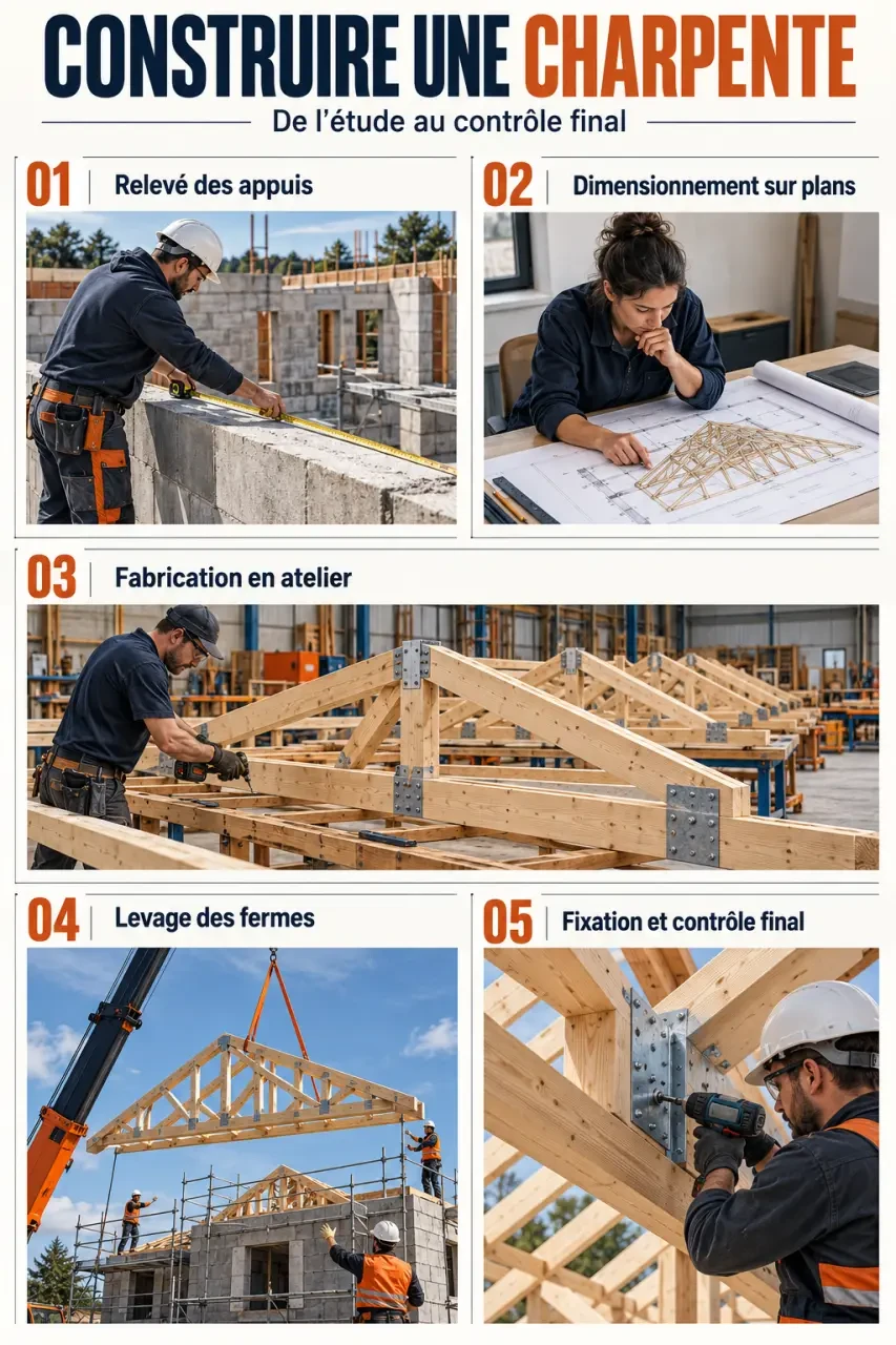 Étapes construction charpente, de la conception au levage et au contrôle final