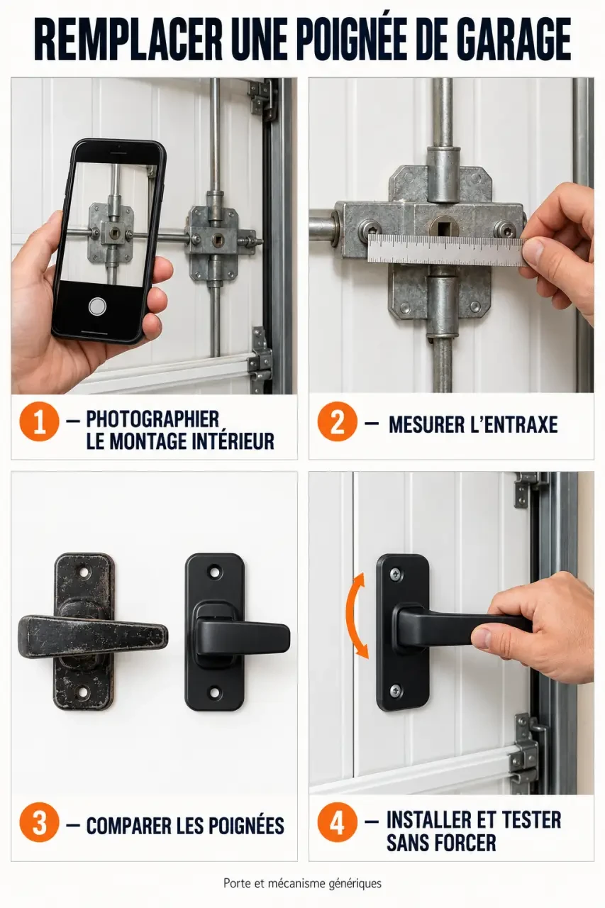 Guide visuel pour mesurer et remplacer une poignée de porte de garage