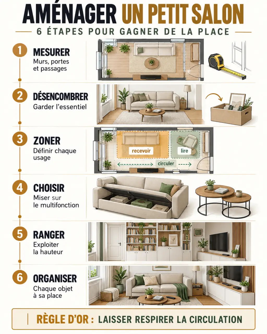 Comment optimiser un petit salon avec des rangements astucieux grâce aux étapes mesurer, désencombrer, zoner et organiser