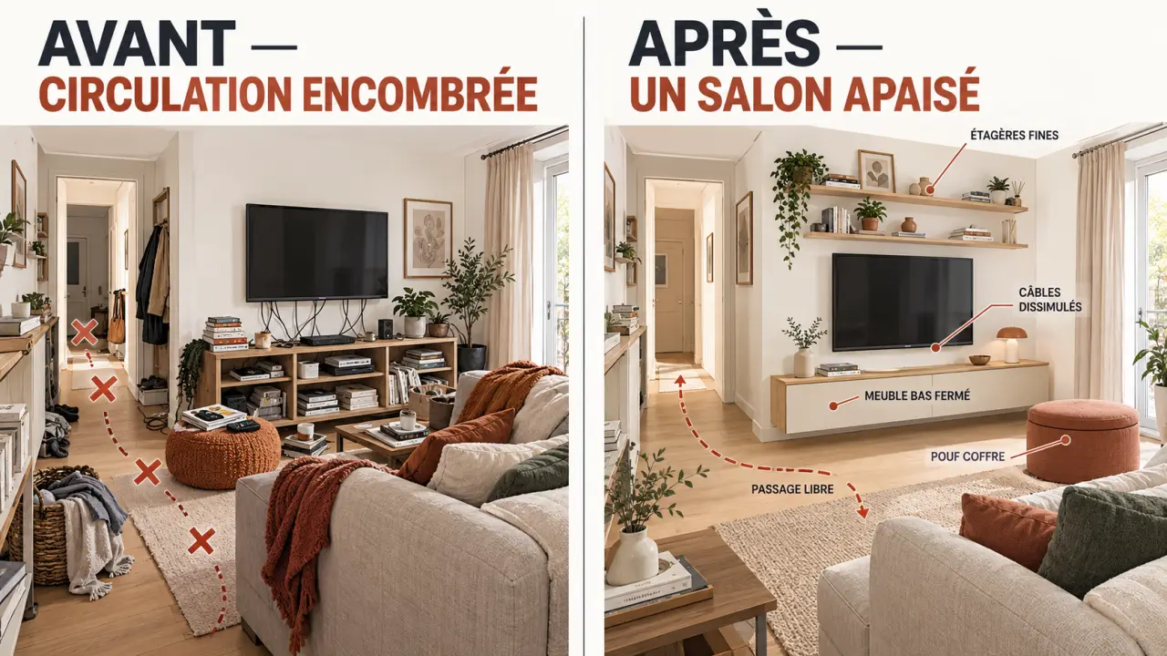 Comment optimiser un petit salon avec des rangements astucieux grâce à un meuble bas, un pouf coffre et des étagères fines
