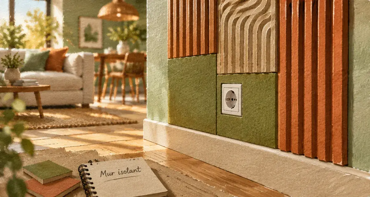 Panneau isolant decoratif interieur effet bois 3D, posé sur un mur intérieur