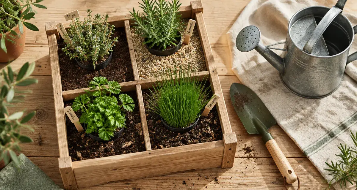 Potager aromatique en carré surélevé : thym, romarin, persil et ciboulette