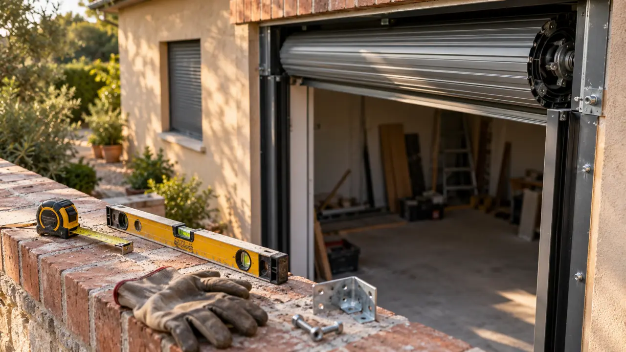 Volet roulant pour garage : porte enroulable en installation, tablier replié